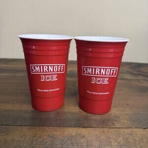 Lot Of 2 Smirnoff ICE Red Hard Plastic Reusable Solo Style Cup Cheers Pinstripes